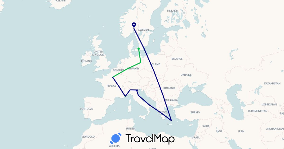 TravelMap itinerary: driving, bus in Germany, Denmark, France, Greece, Italy, Monaco, Norway, San Marino (Europe)